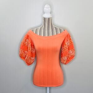 Free People Puff Sleeve Top Orange Embroidered Women XS Boho Hippie Festival